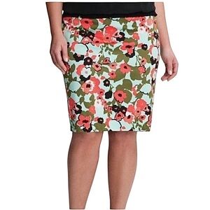 LANE BRYANT Floral Pencil Skirt sz 16 Coral Green Black Blue Knee Length Stretch